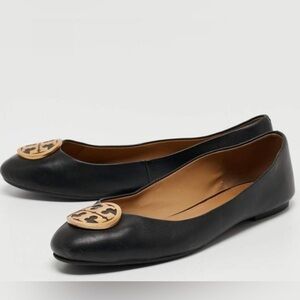 Tory Burch Benton Ballet Flats Shoes Black Nappa Leather Gold Tone Logo Size 6